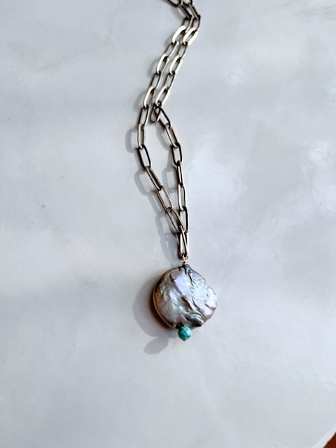 A Coin Pearl, Labradorite, Turquoise Silver Chain Necklace